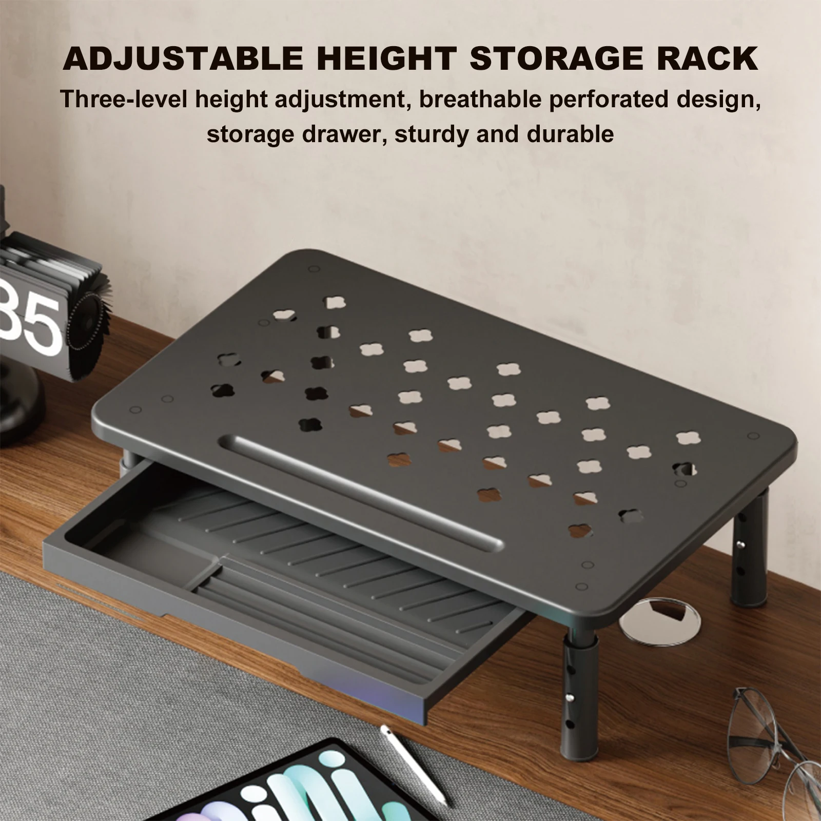 حامل شاشة الكمبيوتر مع منظم مكتب فتحات تدفق الهواء مع حامل كمبيوتر محمول درج للوازم المدرسية المكتبية والمنزلية