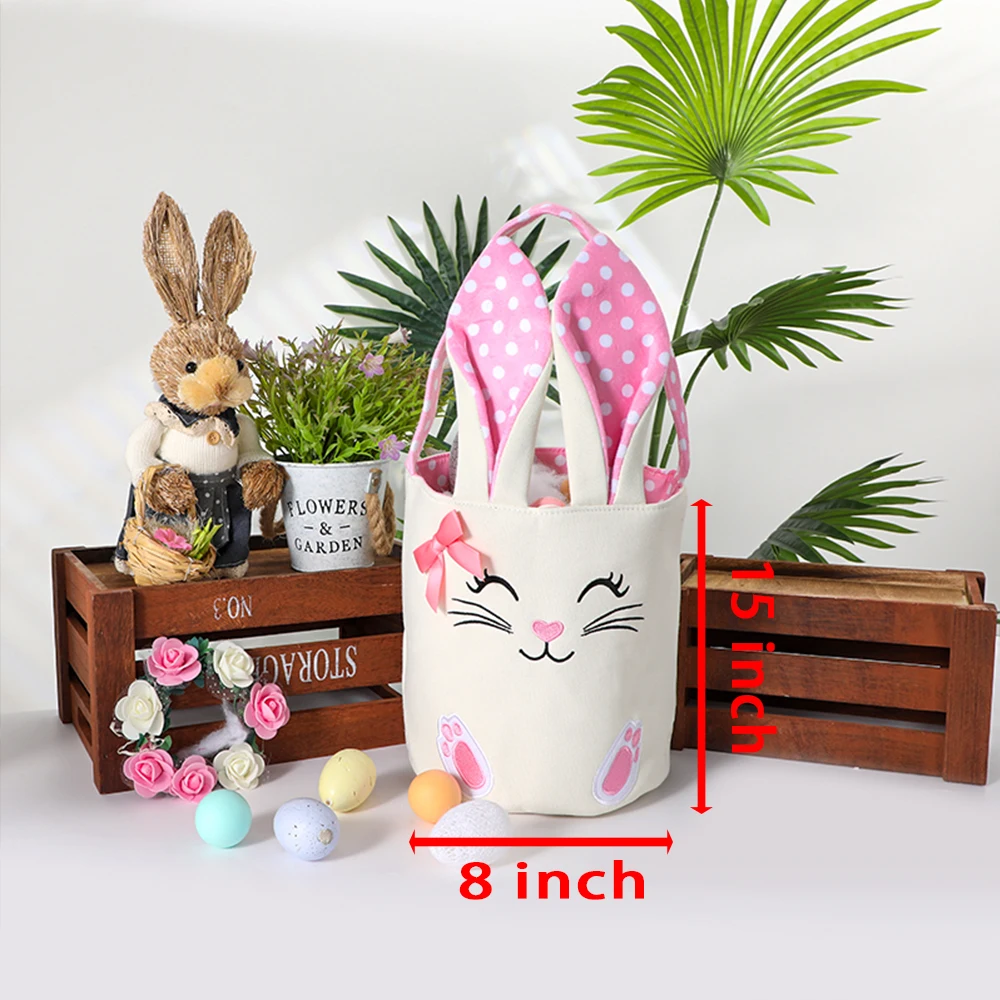 Bunny Easter Basket Empty Canvas Easter Bucket Rabbit Ears for Babies Kids Boys Girls Easter Egg Party Favor Decorations Handbag