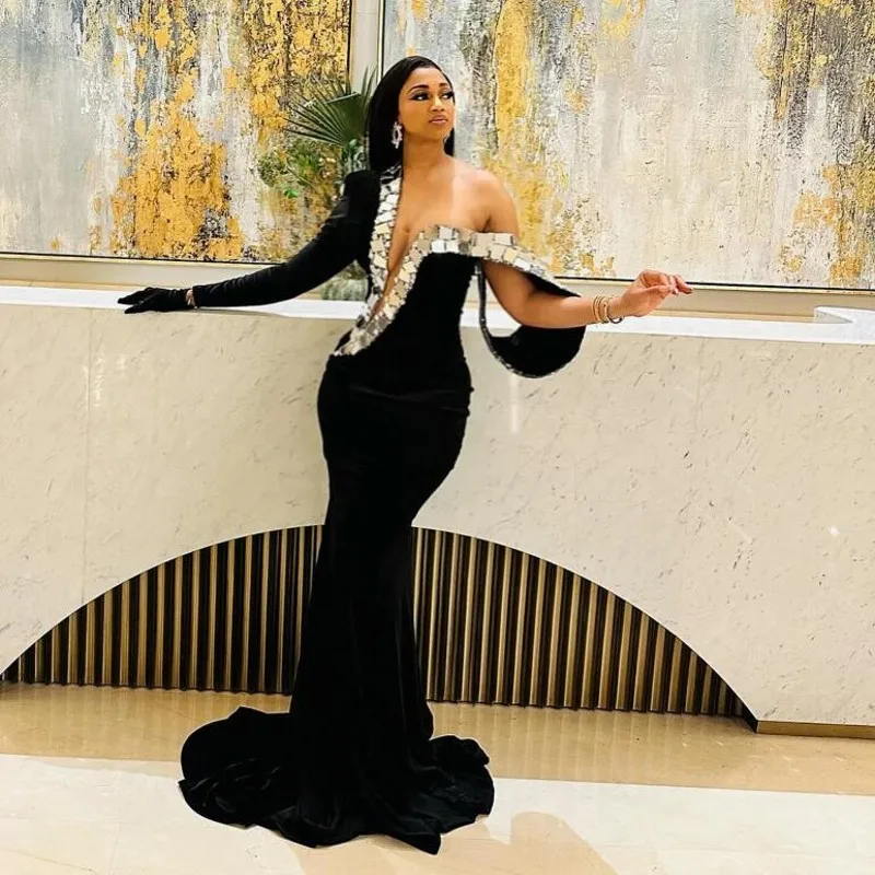 Sexy Fluwelen Avondjurk Zwarte Luxe Zeemeermin Off De Schouder Avondjurken Zeemeermin Robe De Soiree Lovertjes Prom Jurken