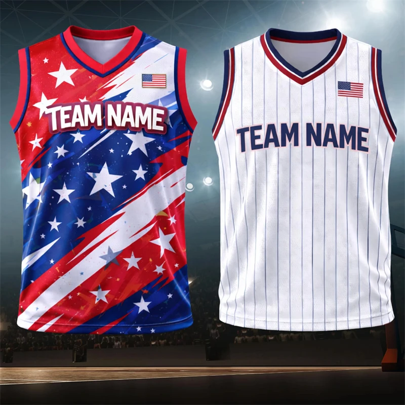 American Flag Logo Customized Name Number Striped Design V-neck Basketball Vest Outdoor Sport Breathable Tank Top Personality