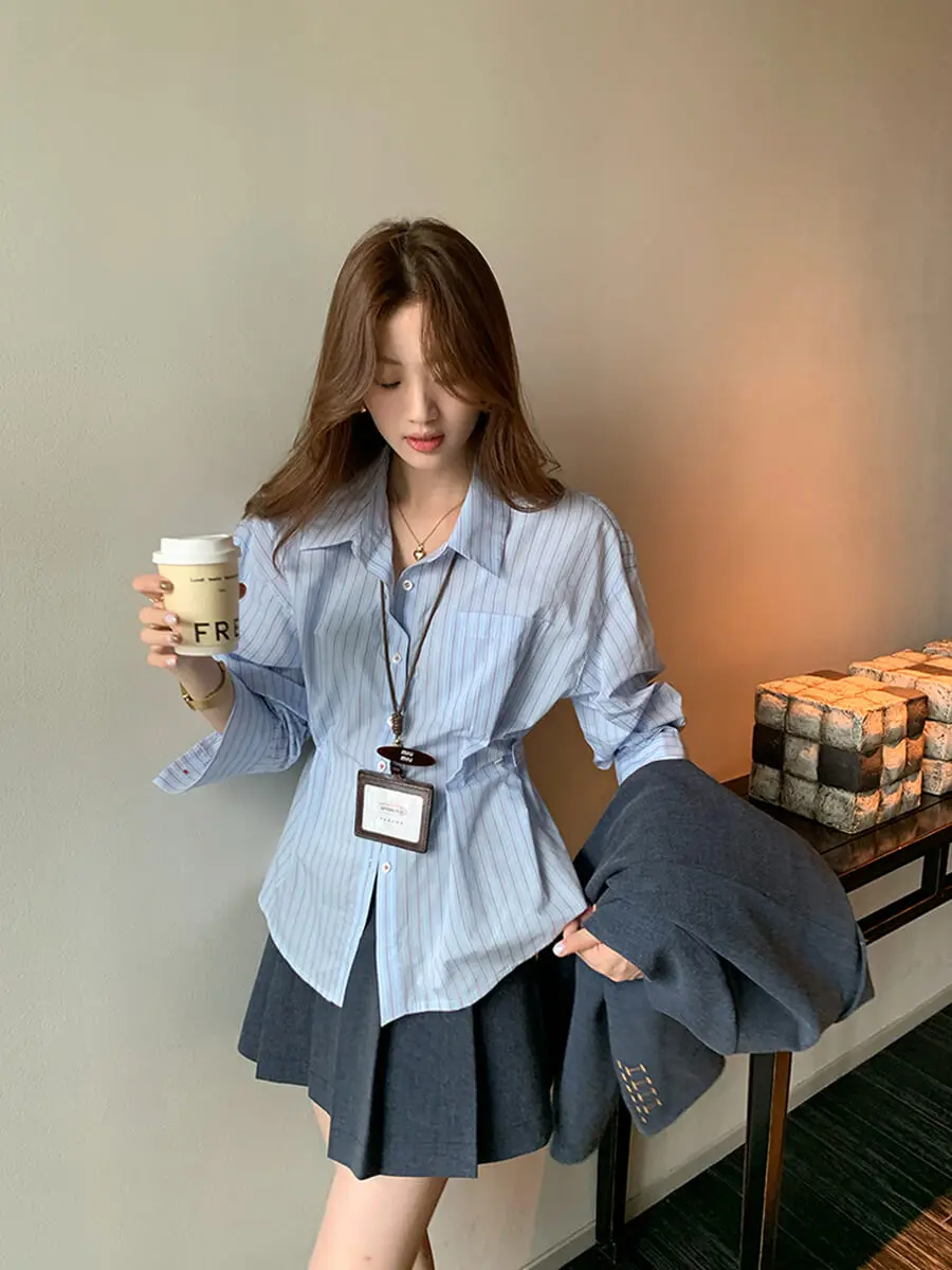 

MUKOK Women's Blue Striped irt Slim Fit Korean Sle Commute Cotton Long Sve Button up Design Sensation Small ence