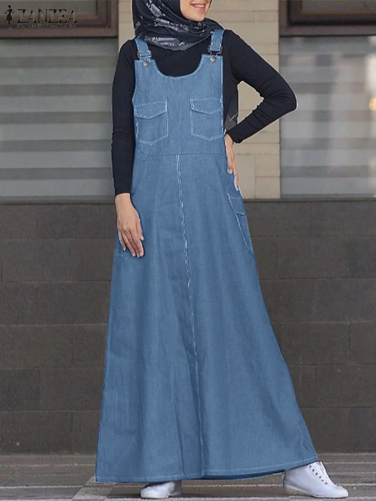 ZANZEA Muslim Women Autumn Overalls Dress Vintage Dubai Turkey Abaya Spaghetti Strap Sundress Denim Blue Vestido Islamic Clothin