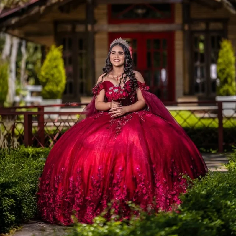 

Customized Red Quinceanera Dresses Off the Shoulder Tull layering 3D flower crystal Bow trailing Vestido De 15 Quinceanera