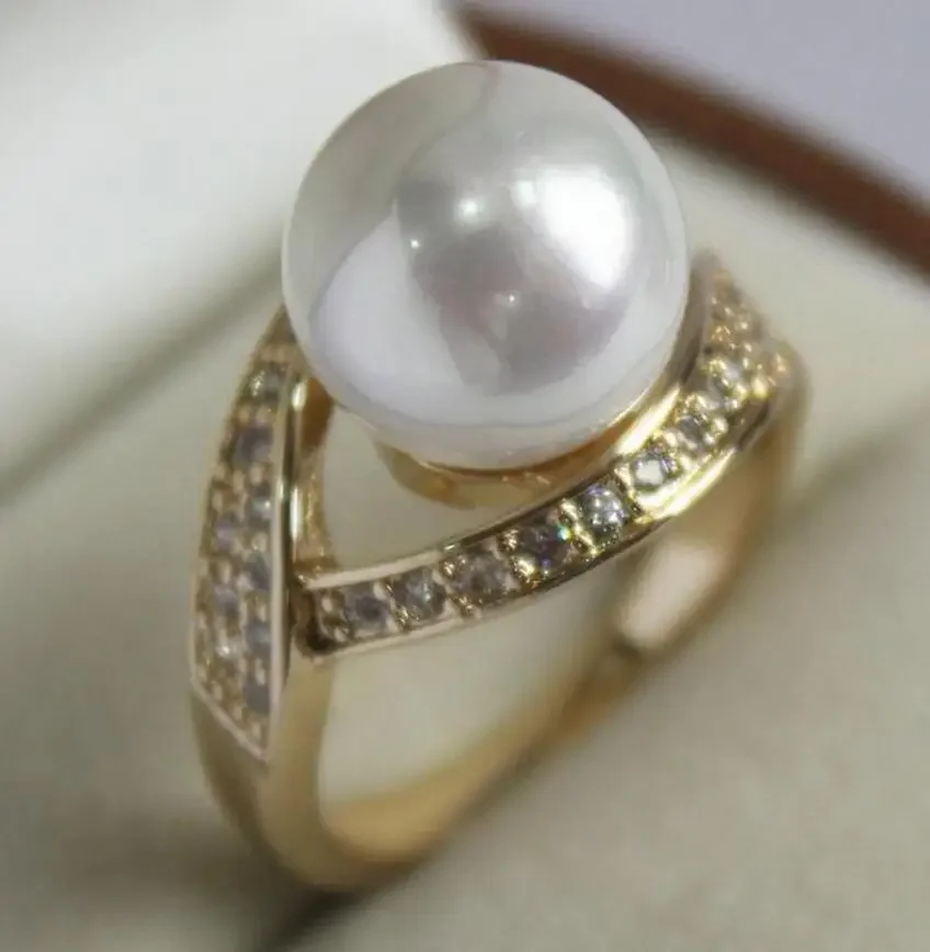 noble lady's 18KGP with crystal decorated &12mm white shell pearl ring(#7 8 9 10)