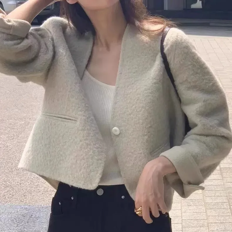 

Унций, нежный ветер, стильное пальто с v-образным вырезом на одной пуговице, женское модное корейское пальто свободного кроя, однотонное пальто с бархатной подкладкой из ягненка