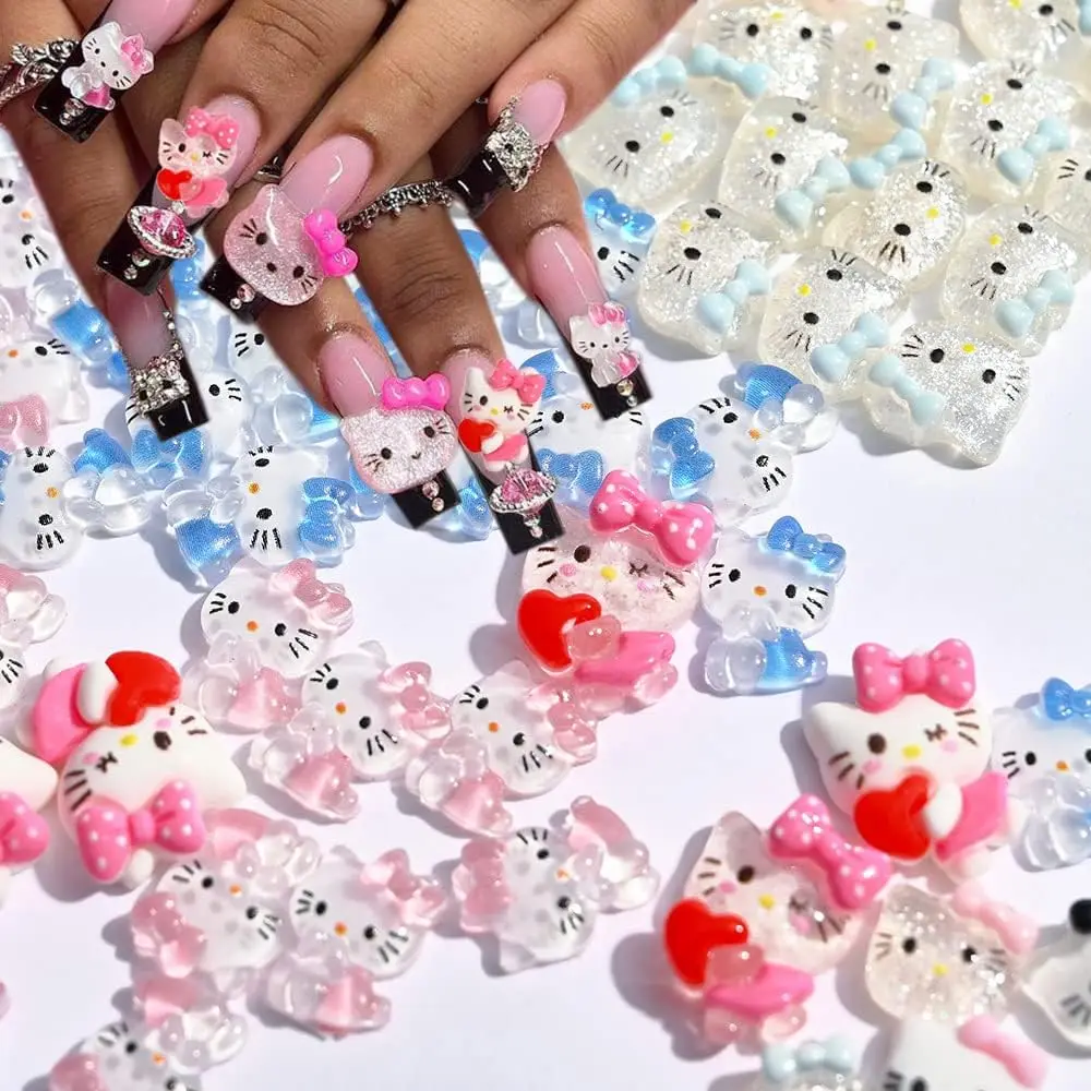 Hello Kitty Charms เล็บสำหรับเล็บอะคริลิกเคล็ดลับ Decor Kawaii เล็บเครื่องประดับอัญมณี Hairp โทรศัพท์ตกแต่งปลอก Hellokitty Charms