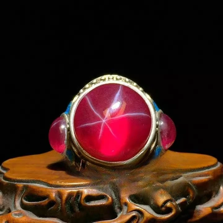 Shuangfu Starlight Ruby Old Silver Jewelry Natural Men's Round Ring Opening Silver Ring Roasted Blue Inlaid Opening
