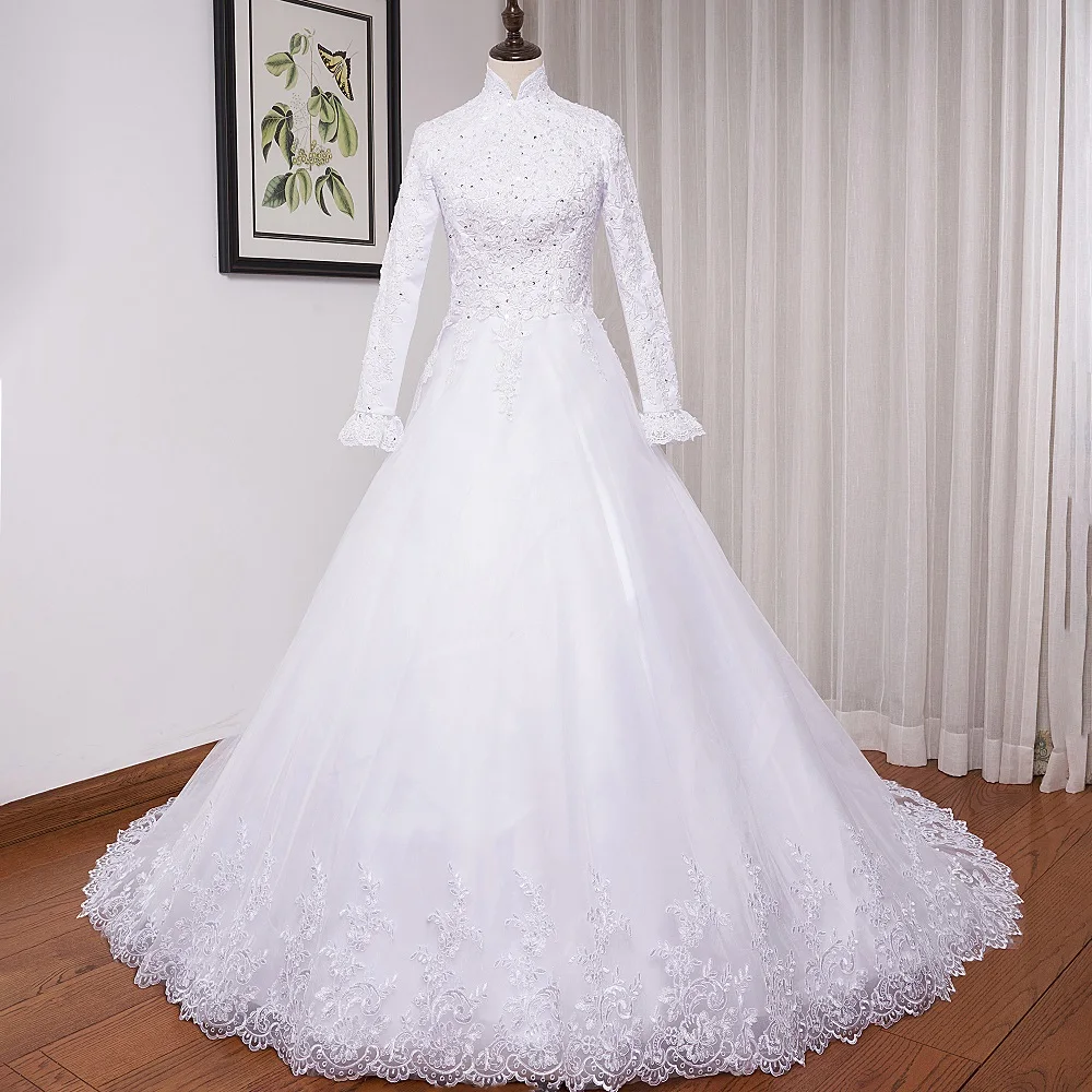 Muslim ball gown Wedding Dress long sleeve high neck bride dress plus size Lace beading bride Wedding Gown