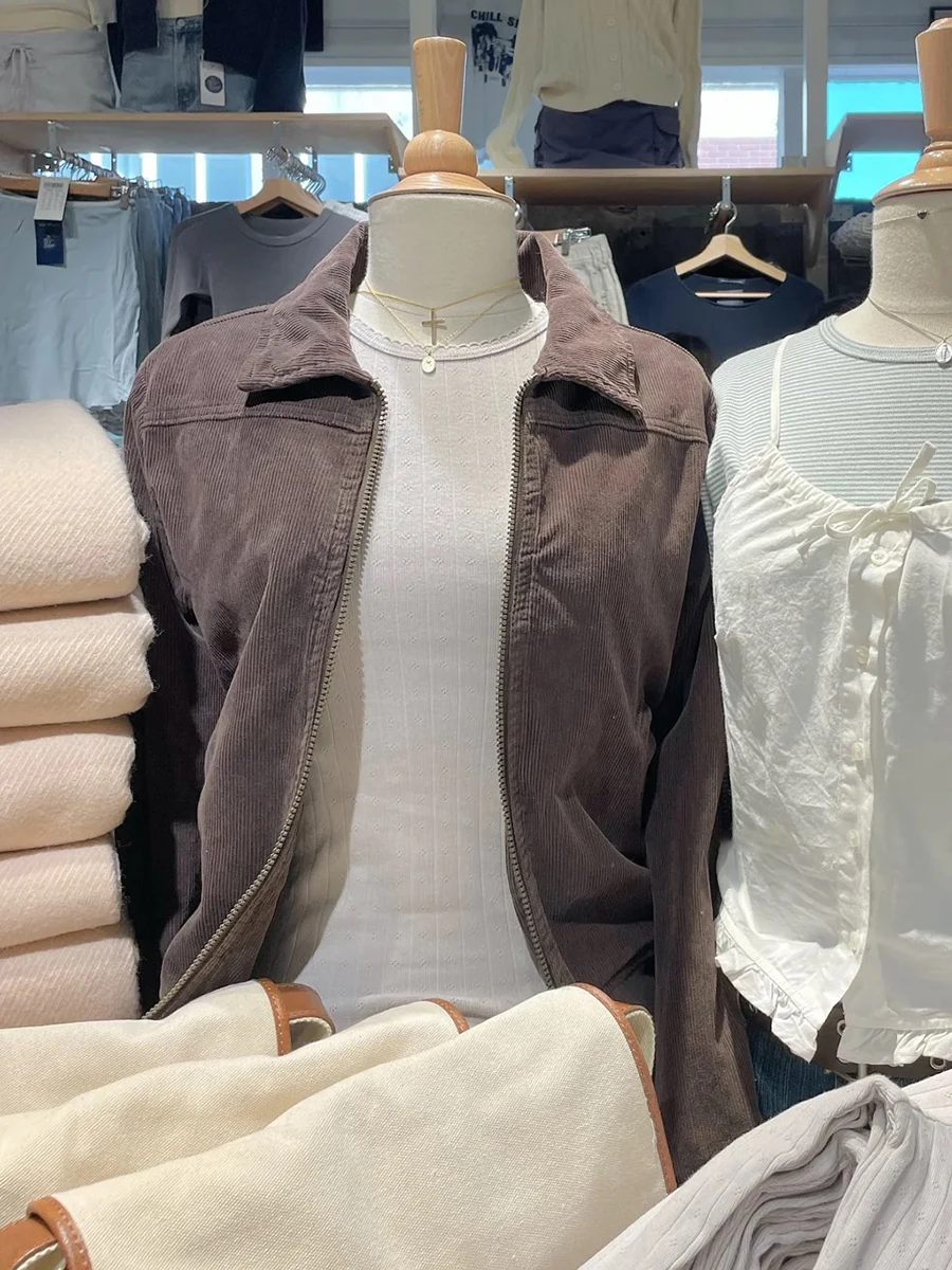 

Solid Corduroy Vintage Short Jacket Women Autumn Turndown Collar Long Sleeve Padded Jackets Streetwear Fashion Casual Outerwear