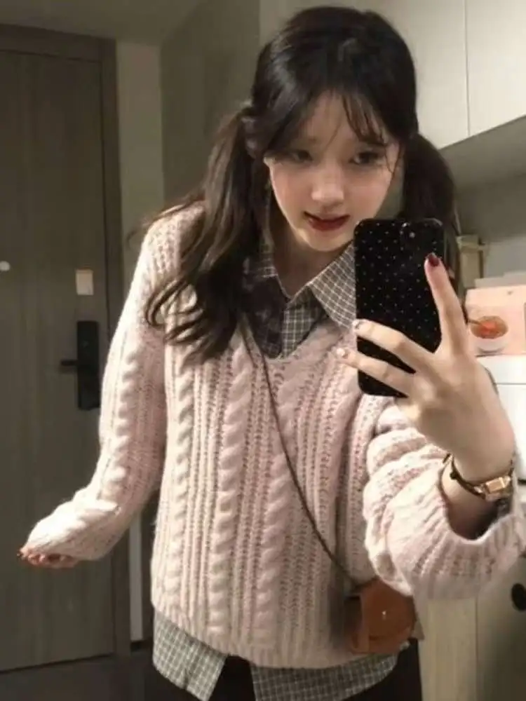 

Милый повседневный вязаный свитер в стиле ретро с V-Ne, женский клетчатый универсальный комплект из двух предметов, осенний ансамбль Faion