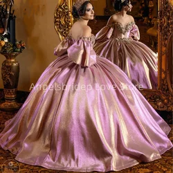 Angelsbridep Luxury Satin Mexican Ball Gown Quinceanera Dresses With Crystals Beading Off Shoulder Vestidos De XV Anos