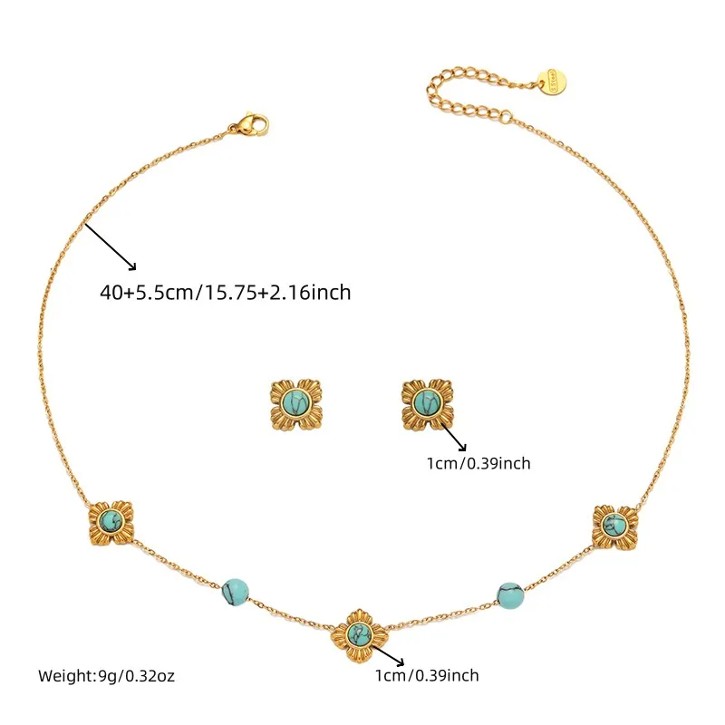 MEYRROYU 316L Stainless Steel Retro Diamond Shaped Flowers Turquoise Necklace Earrings Bracelet Set Girl New Trend Jewelry Gift