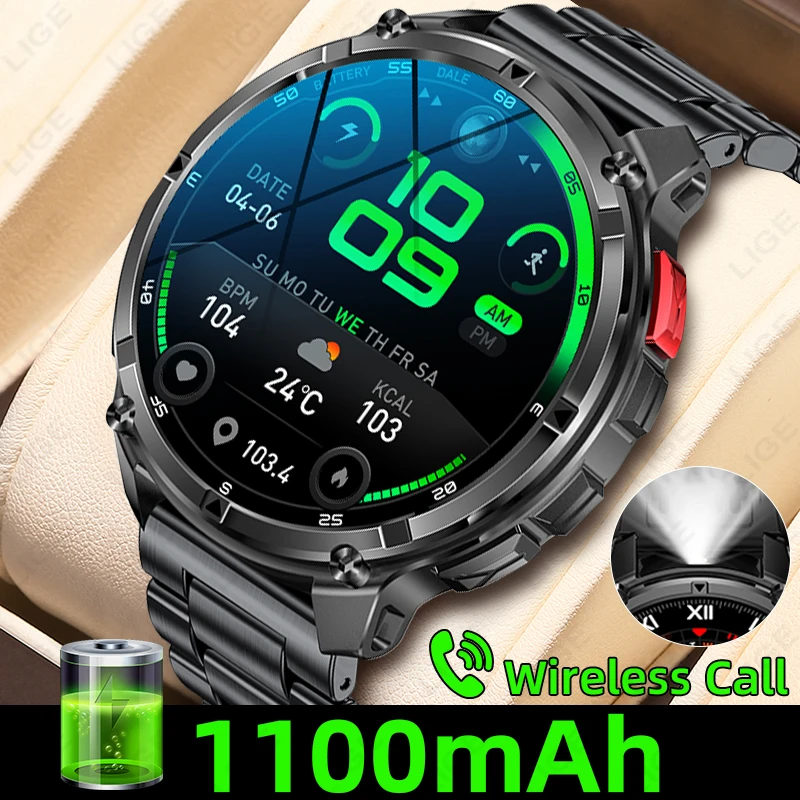 

LIGE New Smart Watch Men Military Grade Watch 1100mAh Large Battery Long Standby Time Bluetooth Call IP68 Waterproof Smartwatch
