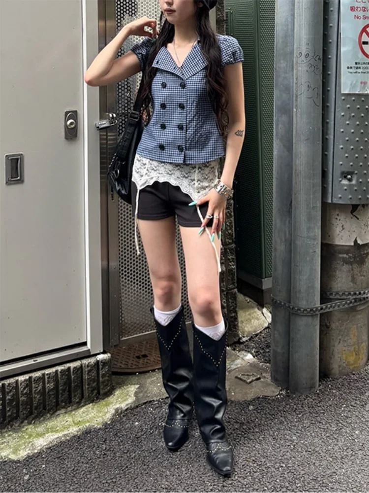 2026 Summer New Women Gingham Plaid Short Sleeve T Shirt Double Breasted Button Collared Slim Fit Vintage Casual Crop Top