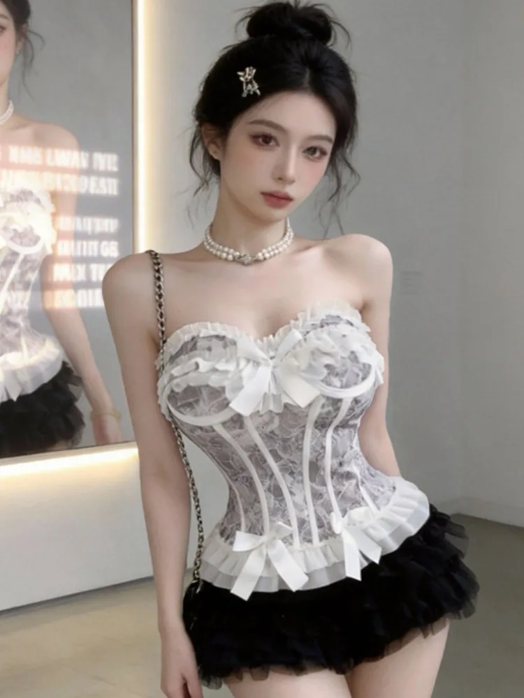 

Sweet And Spicy Style Fishbone Lace Crop Top Women's Spring Summer New Style Splice Waist Upper Body Fashion Citywalk