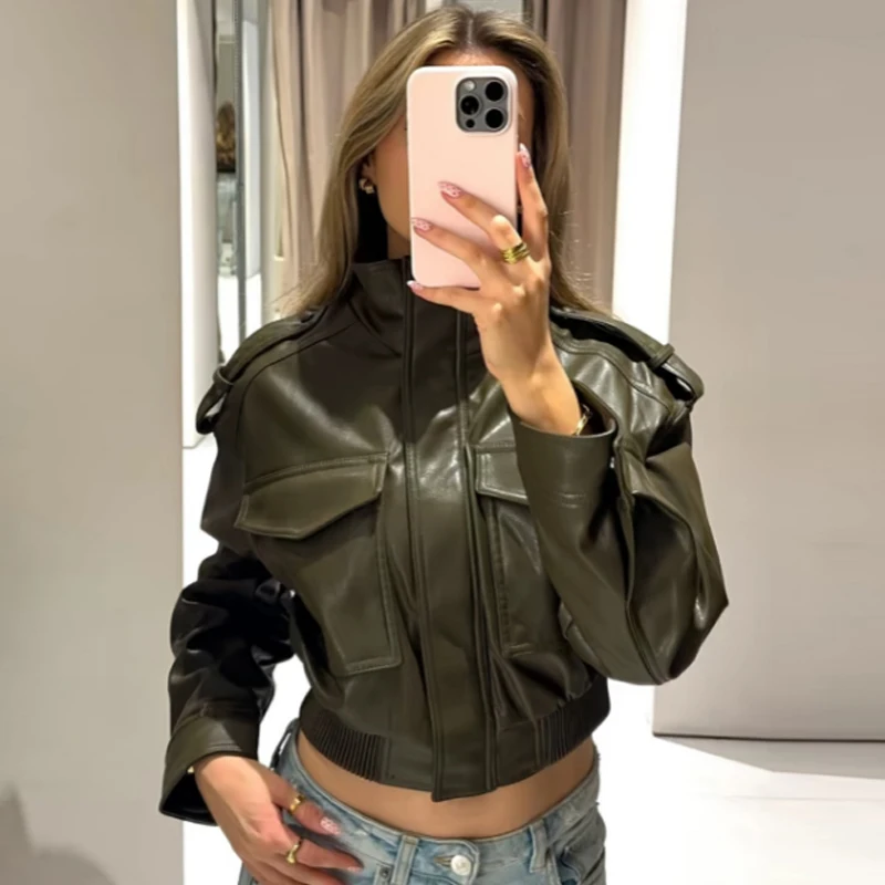 HXAO Leather Crop Jacket Women's Aviator Jackets Green Black Outerwears Chic Big Pocket Long Sleeve Coat Moto Biker Zipper Coats