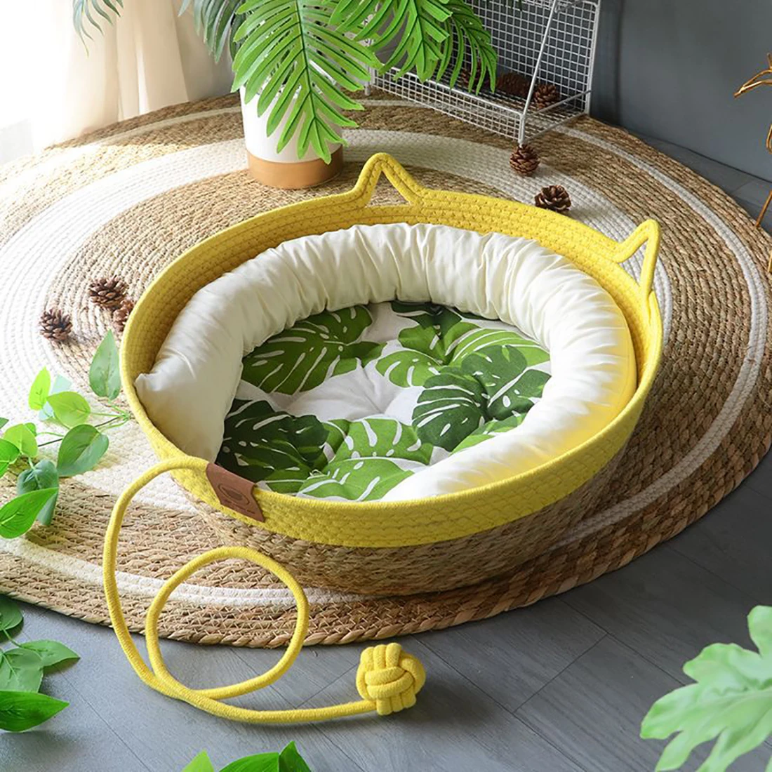 Cat Bed House Dog Kennel Rattan Straw Plaited Kitten Cushion Basket Tent Scratching Board Ball Puppy Nest Mat Indoor Pet Supply