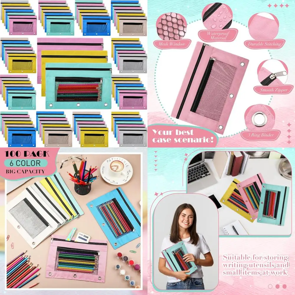 

Zipper Pencil Pouches Bulk, 100 Pack 3-Ring Pouch Cases with Window, Ring Binder Pencil Bags for Organization