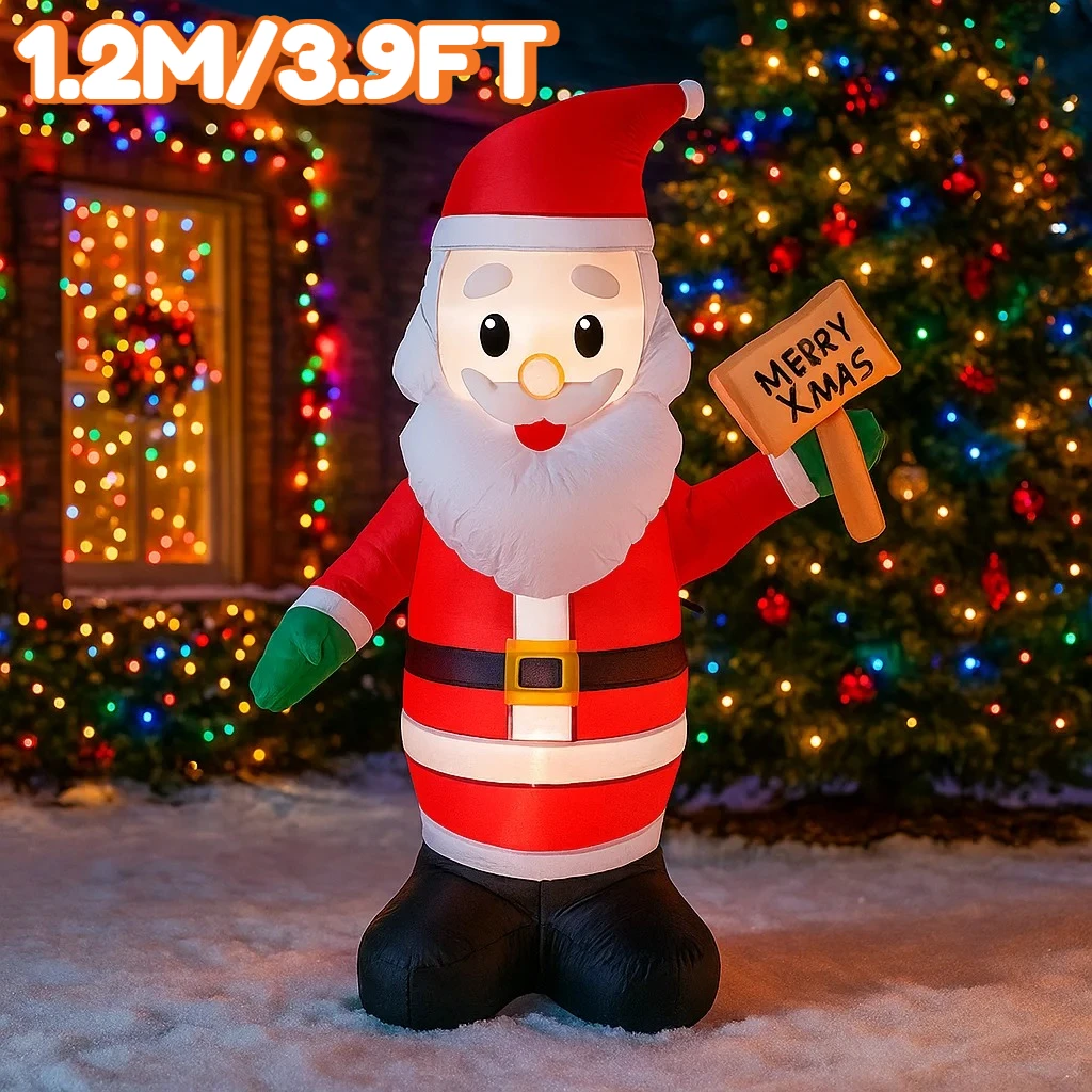 1.2M/3.9FT Inflatable Santa Claus Holding Sign Lights LED Home Decorations Toys Yard Xmas Decor Outdoor Inflatable Decorations