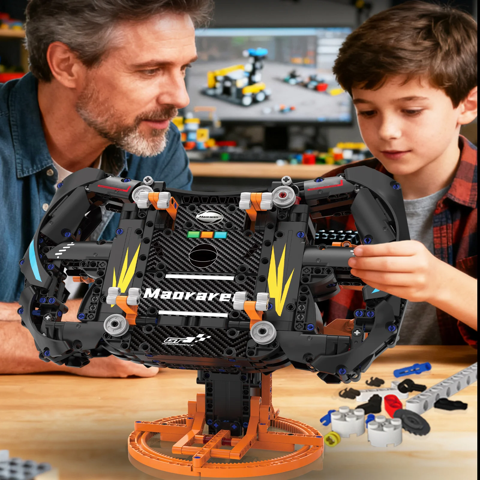 K96218 محاكاة سباق السيارات عجلة القيادة ألعاب مكعبات البناء، لعبة تعليمية نموذج الجمعية، هدية عيد ميلاد للأطفال