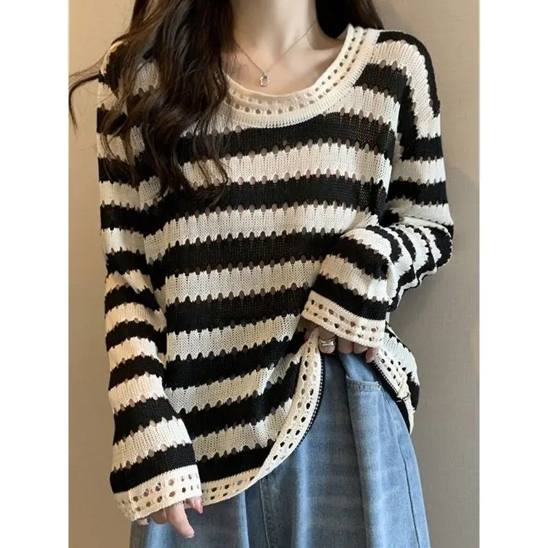 Spring and Autumn Style Shoulder Striped Ice Silk Long Sleeved Knitted T-shirt Loose and Thin Hollow Out and Unique Top