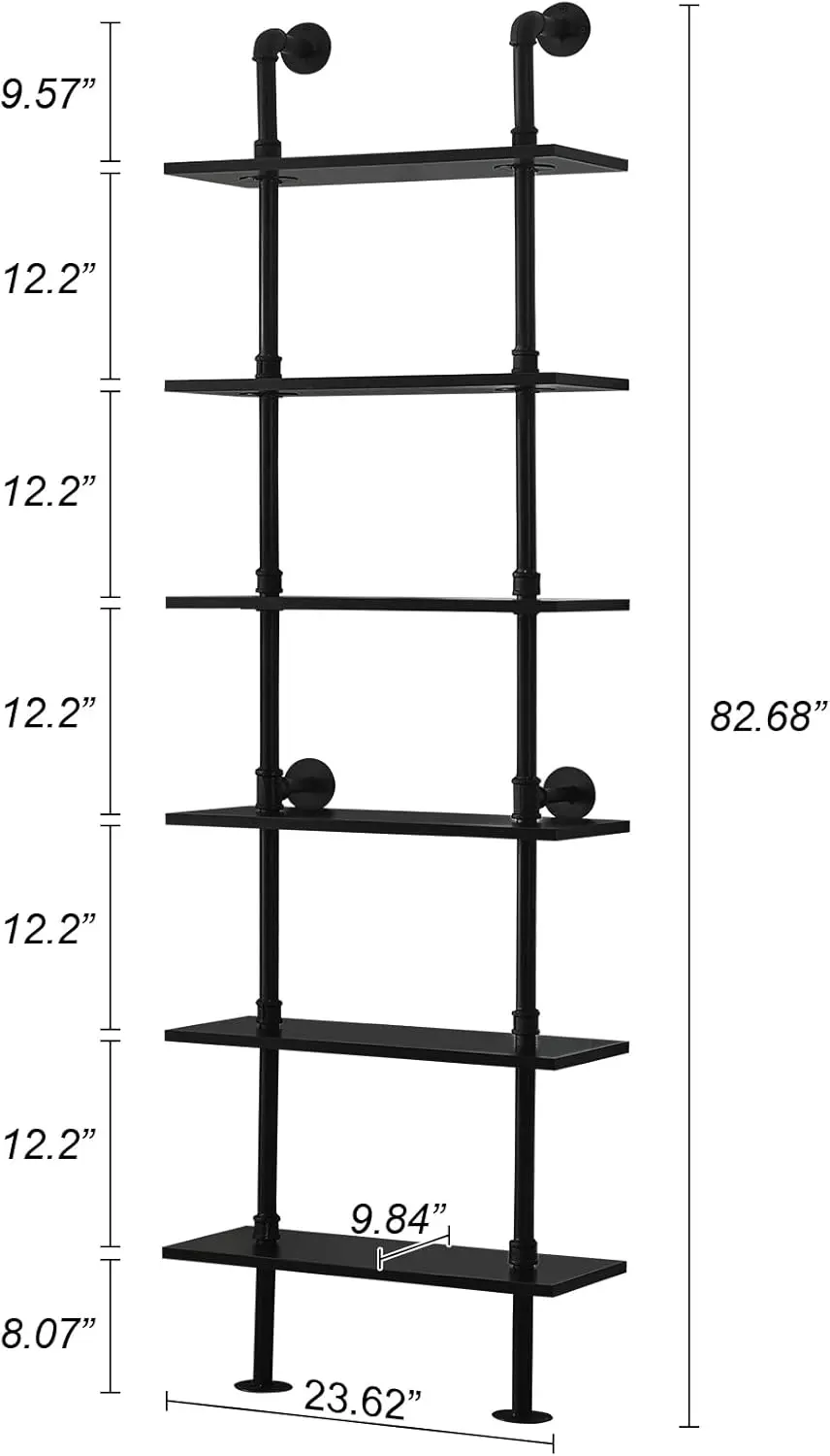 HOMBAZAAR Industrial Bookshelf, 6-Tier Industrial Pipe Bookshelf, Wall Mounted Ladder Shelf with Metal Frame for Home Office