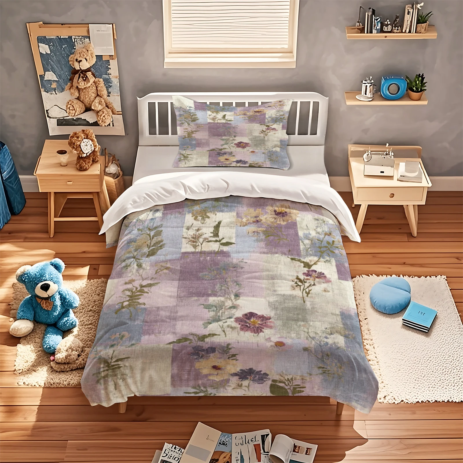 Vintage Patchwork Floral Duvet Cover Set, Watercolor Farmhouse Botanical Flower Bedding Set, Purple Blue Beige Plaid Quilt Cover