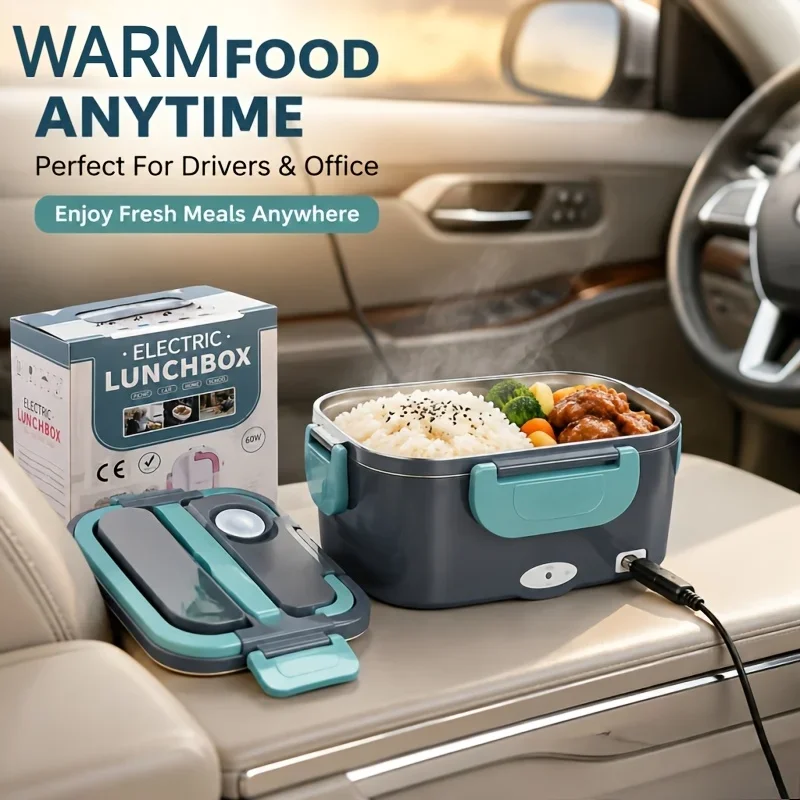 3-In-1 Heated Lunch Box, Portable Car Food Warmer with Carry Bag And Car Plug, Stainless Steel Liner, Fork And Spoon Included, for Drivers, Truckers And Office, Lunch Box, Bento Box