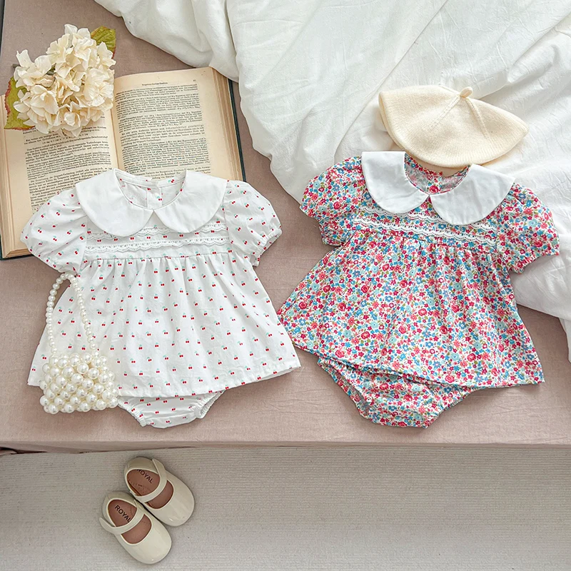 

Summer Baby Clothing Set Toddler Girl Doll Collar Floral Short Sleeve Top +PP Shorts 2Pcs Girls Suits 0-24M