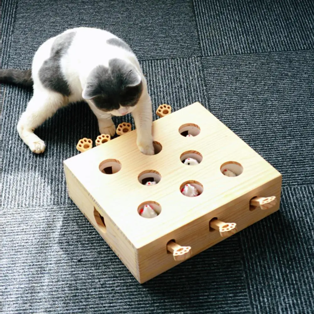 Cat Toy Interactive Wooden Whack-a-mole Cat Toy with Stuffed Moles Plush Toy 3-in-1 Cat Scratcher Game for Indoor Cats