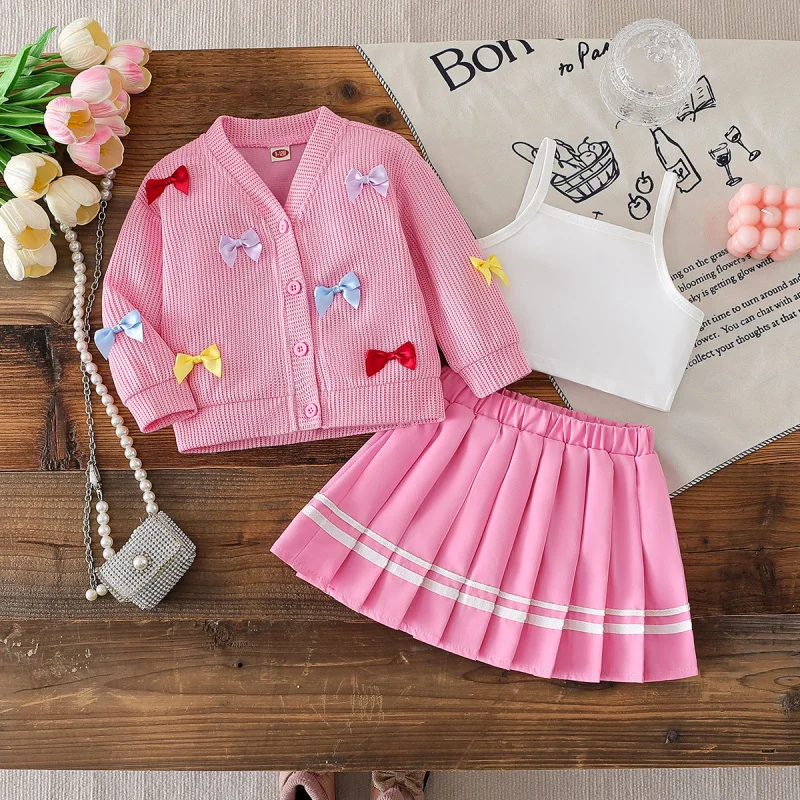 

Girls' College-Style Bowknot Cardigan with Solid Color Camisole+APleated skirt three-piece set