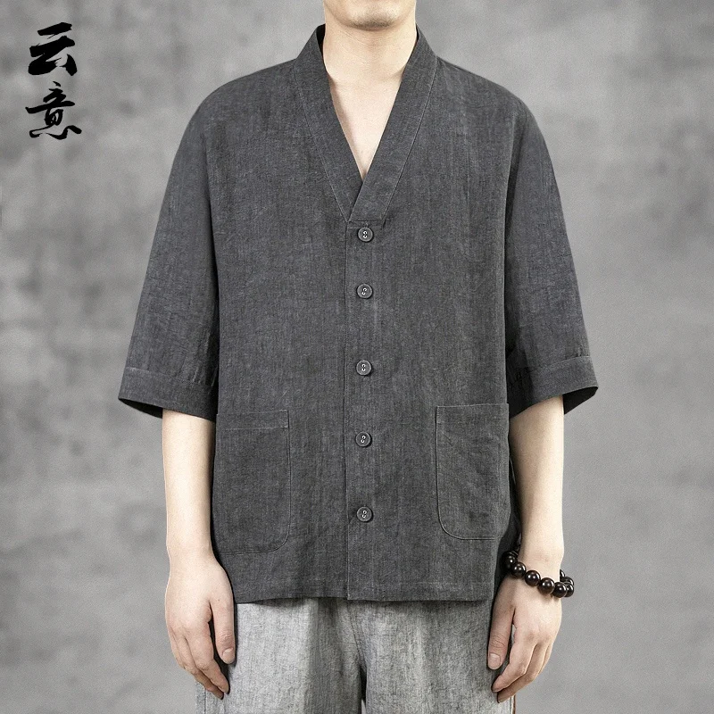 

Летняя свободная льняная рубашка с коротким рукавом в китайском стиле, тонкая хлопково-льняная рубашка Ханьфу, мужская повседневная одежда, V-образный вырез, винтажный стиль