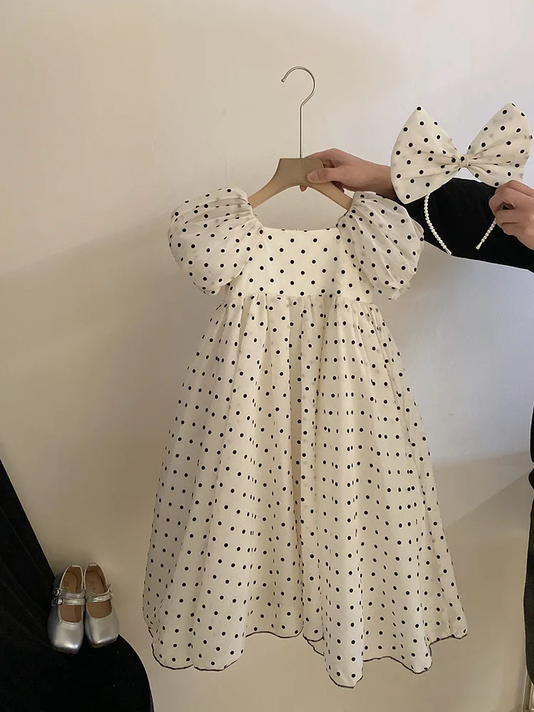 Girls' Elegant Dress2024Summer New Polka Dot Puff Sleeve Dress French Lace Princess Dress+Hair Band-WS