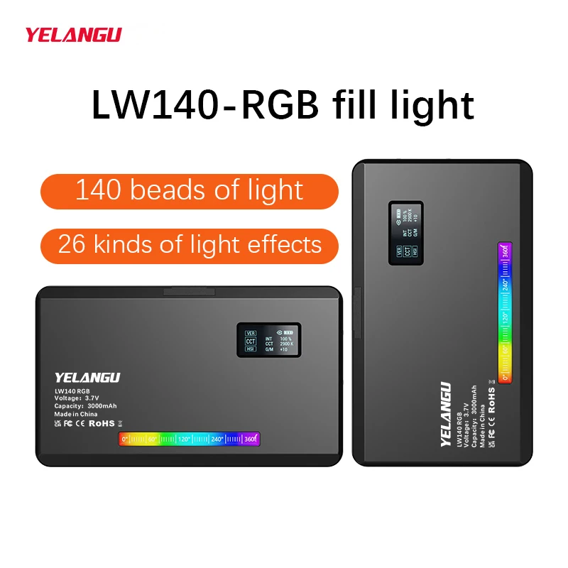 YELANGU RGB LED Video Light W140 Camera Light Full Color Dimmable 2500-9000K Fill Light Live Vlog Photography Photo Studio Lamp