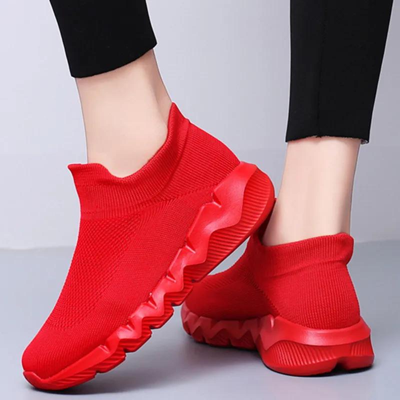 Red Knit Men's Sock Shoes Slip-on Lightweight Casual Sneakers Unisex Big Size 48 Non-slip Comfortable Sport Shoes Women Sneakers