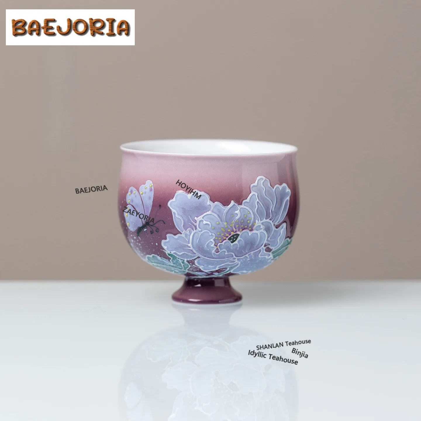 BAEJORIA 110ml Hand-painted Purple Peony Teacup Traditional Tea Bowl Mug Tea-tasting Personal Cup Jianzhan Master Cups Tableware