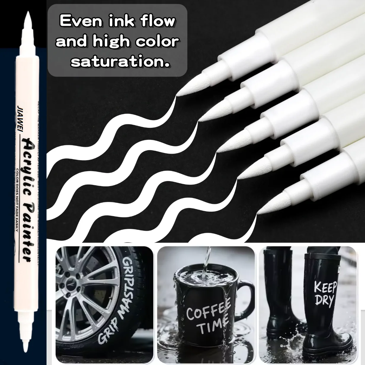 5pcs White Acrylic Paint Marker Pens Brush & Fine Tip -Art Brush Markers