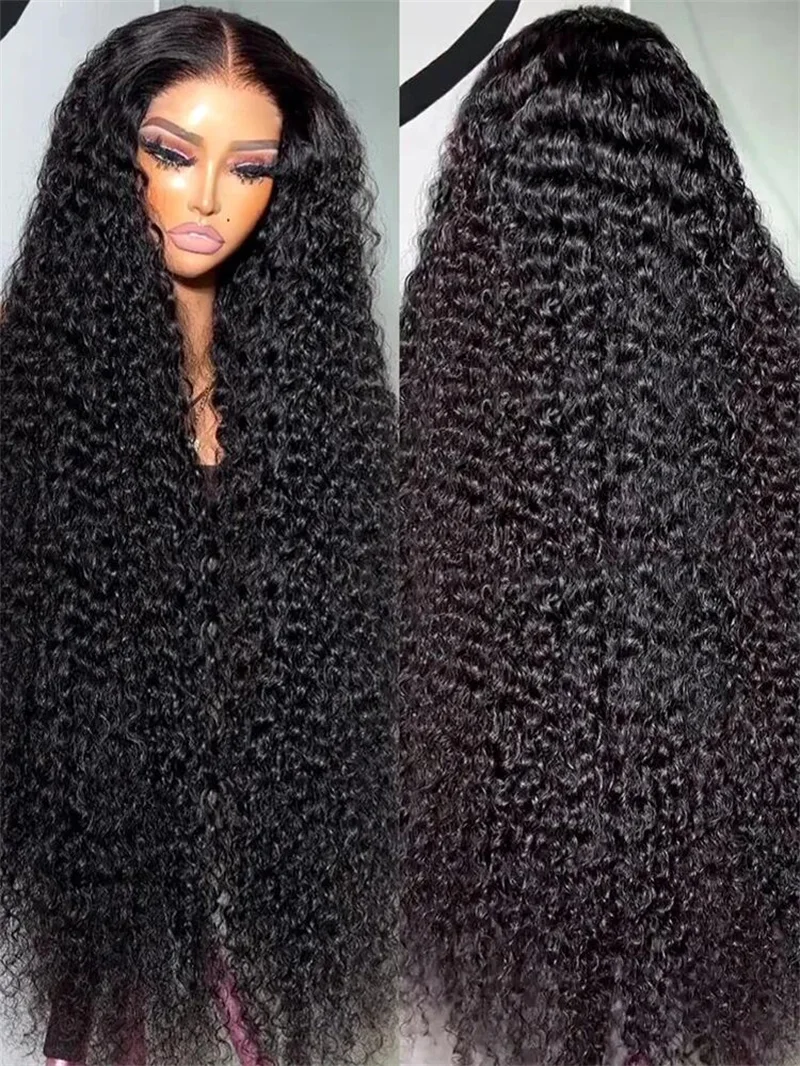 Long 26Inch Natural Black Soft Glueless Kinky Curly Lace Front Wig For Women With Baby Hair Synthetic Preplucked Heat Resistant