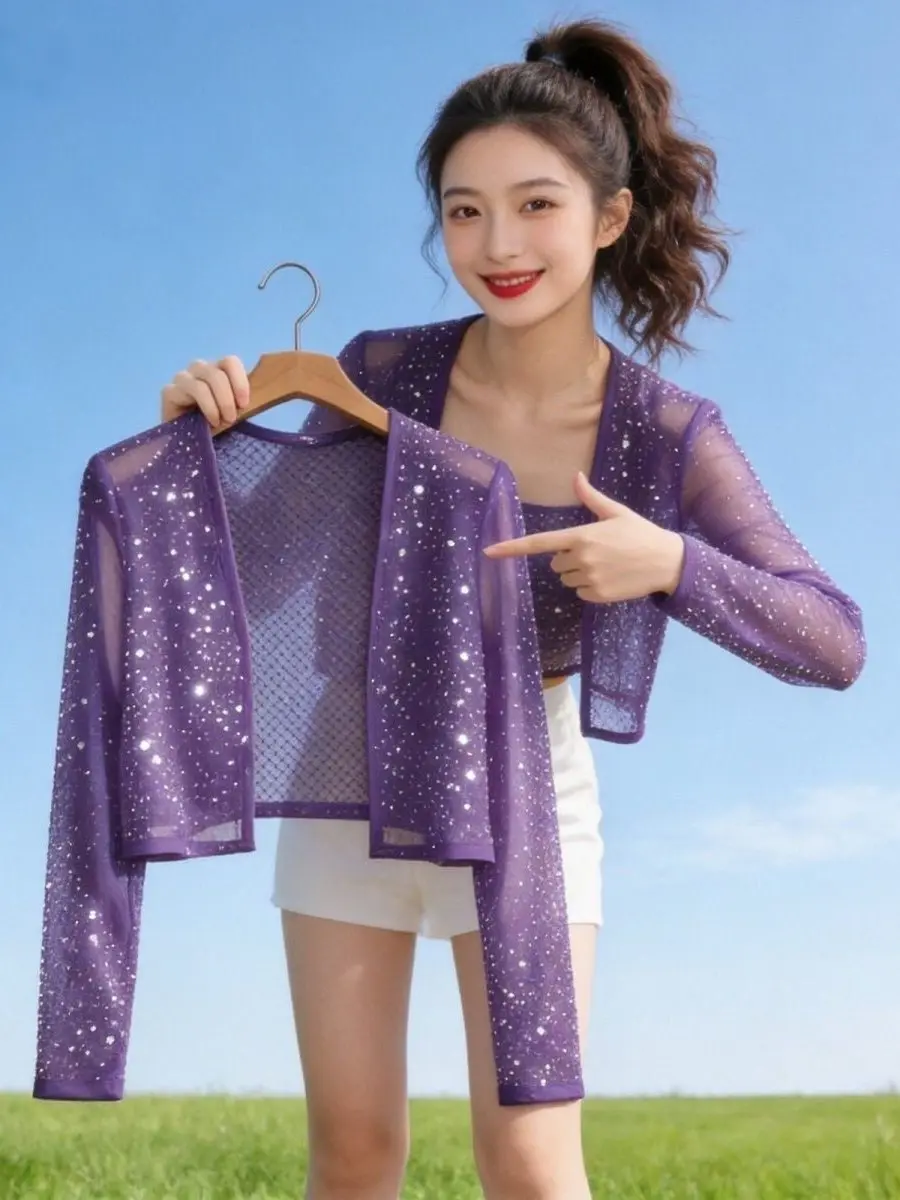 

plus Size Women's Star Diamond Embellished Mesh Cardigan Shoulder Wrap Short Lightweight Breathable Comfortable Fashionable