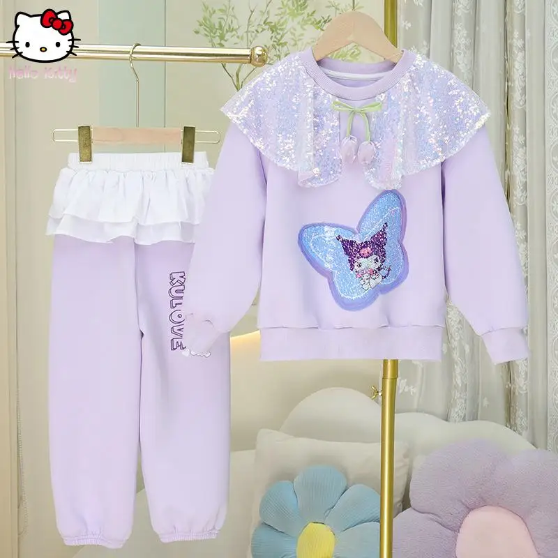 

Kuromi Girls Kawaii Sweatshirt Suit Sanrio Hello Kitty Autumn New Cartoon Anime Long-Sleeved Trousers Kids Fashion Casual Set