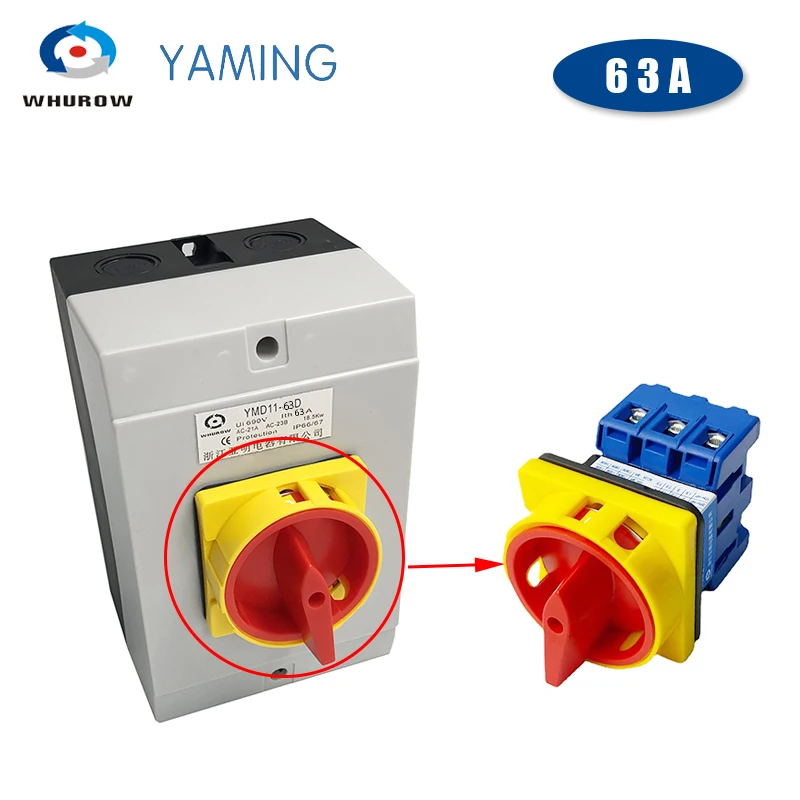 YMD11-63D Load Break Isolator Switch 63A 690V Manual Isolating Padlock ON-OFF 3P High Voltage With IP65 Protect Box LW30