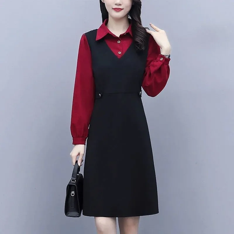 

Fake Two-piece Mid-length Women's Clothing Spring and Autumn Fashionable Age-reducing Slimming A-line Dress