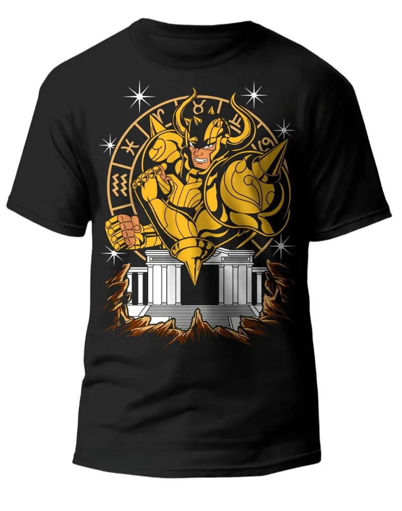 2025 Bandai autorizado Saint Seiya Taurus Gold Saint Seiya Arudiba impreso negro edición suelta camiseta para hombre Camisetas