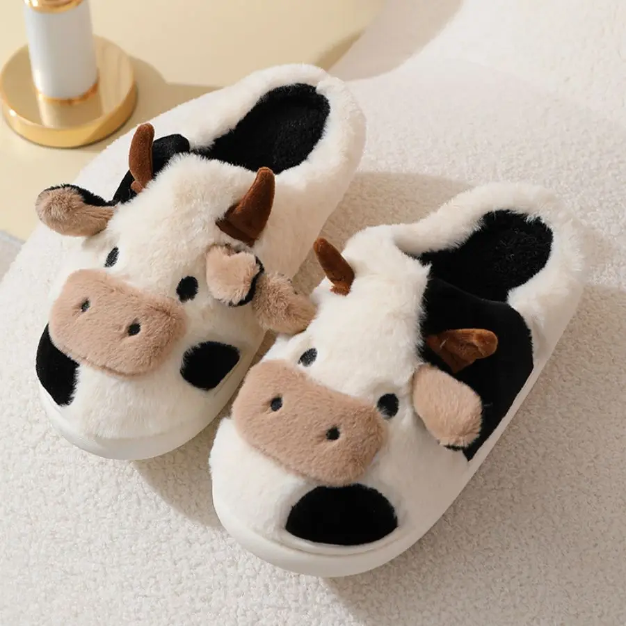 Winter Unisex Cute Cartoon Cow Warm Plush Slippers Couple's Indoor Non-slip House Slides Men Women Toe Wrap Home Cotton Shoes