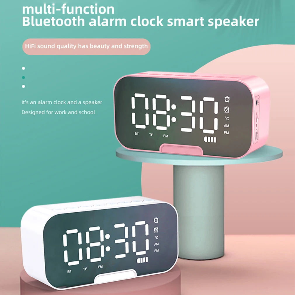 Wireless Bluetooth Speaker With FM Radio LED Electronic Alarm Clock Digital Display Mirror Alarm Clock Support TF Phone Holder