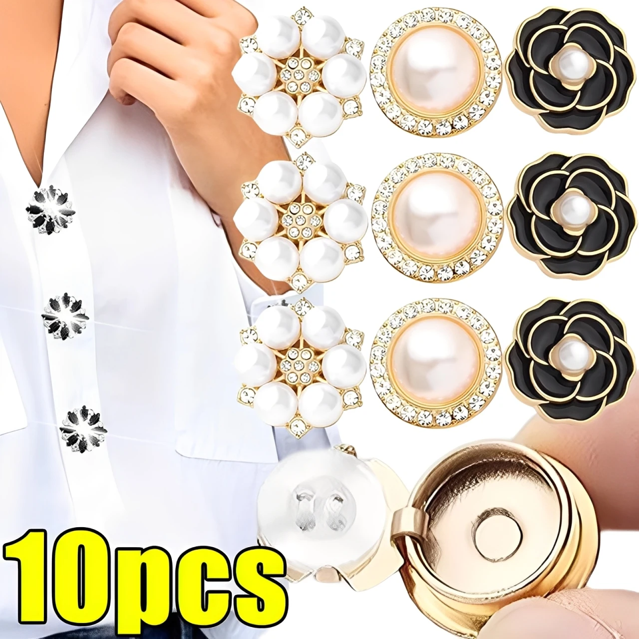Crystal Pearl Button Covers Detachable Clip-On Shirt Coat Decorative Buttons Sewing Button for DIY Blouses Clothing Women Men