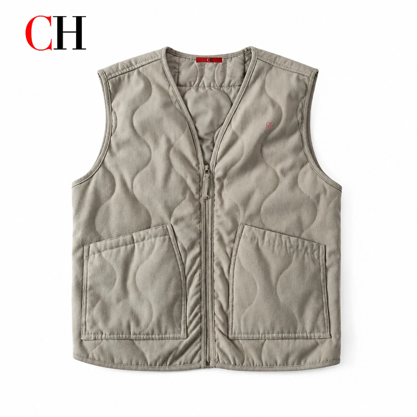 CH V Neck Padded Vest Wave Quilt Stitching Zip Up Front Big Patch Pockets Casual Outdoor Daily Layering Outer Gilet