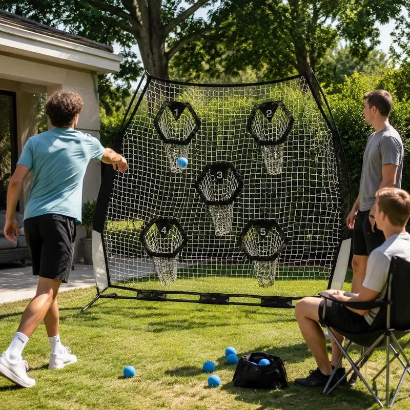 Filet d'entraînement de football 7 x 7 pieds, filet de pratique de lancer avec 5 poches cibles, filet sans nœuds avec sangles et sac de transport portable, améliore la précision des lancers du QB, noir