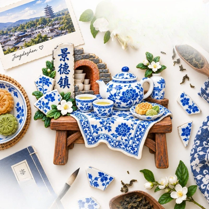 Jingdezhen Blue White Tea Fridge Magnet - Elegant 3D Chinese Souvenir Unique Ceramic Gift for Travel & Tea Lovers Decor