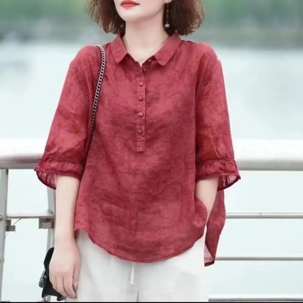 Button-down Women Shirt Stylish Women's Button-up Shirts Jacquard Print Lapel Tops Quarter Sleeve Polyester Blouses for Everyday